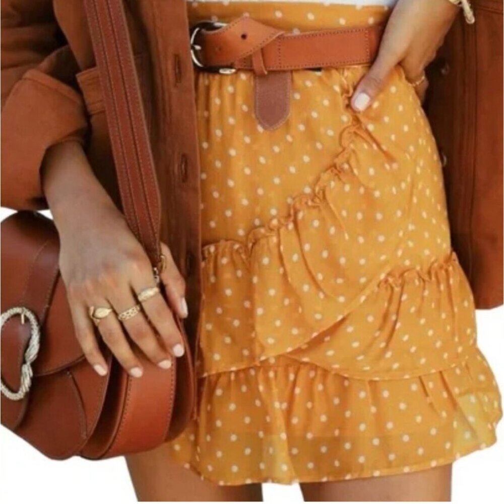 Sezane Carolina Mustard Yellow Polka Dot Ruffled Mini Skirt Size 46 NWOT